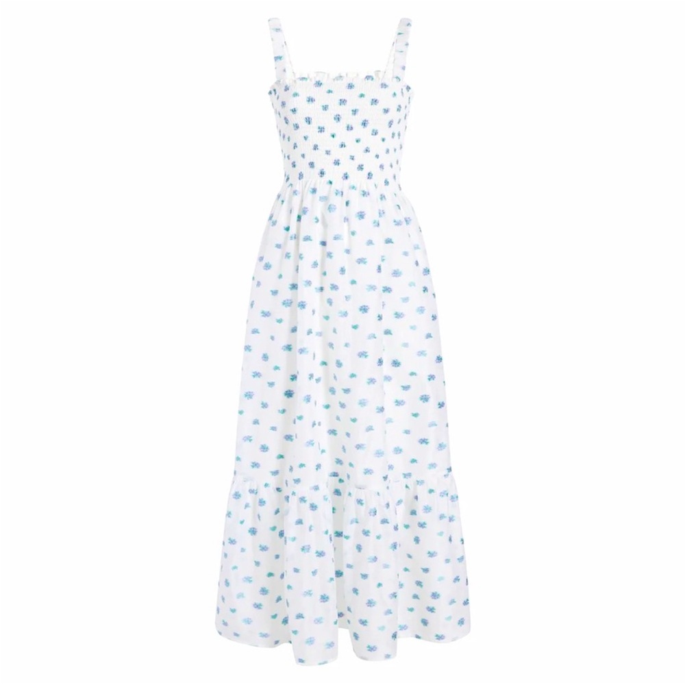 Hill House White Maxi Dress with Blue Floral Print